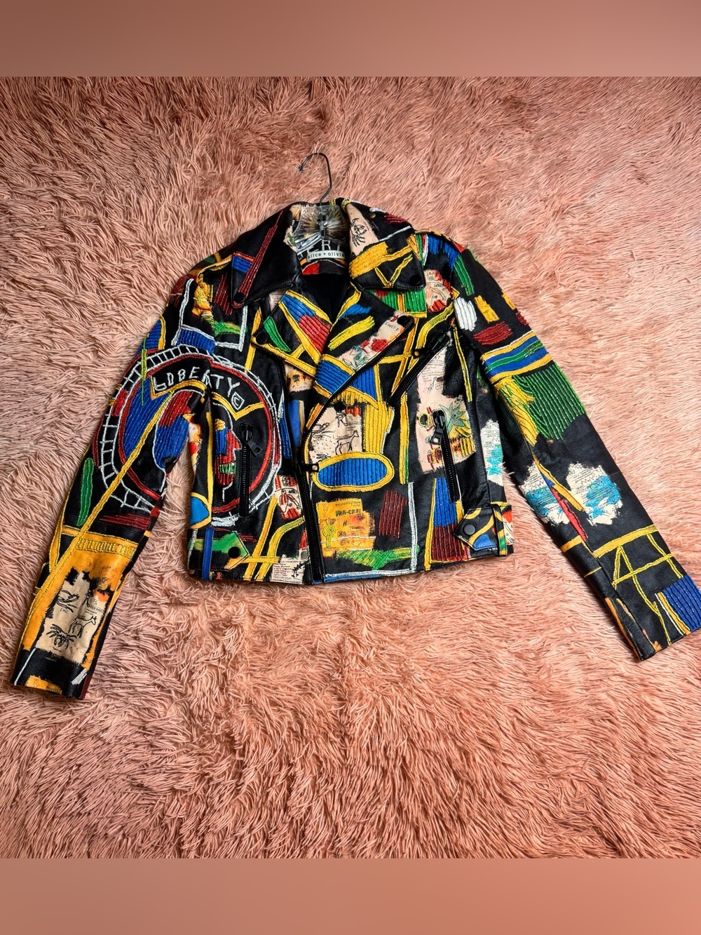 Alice + Olivia X Basquiat Cody Embellished Leather Jacket In Liberty. Size XS - Picture 11 of 17